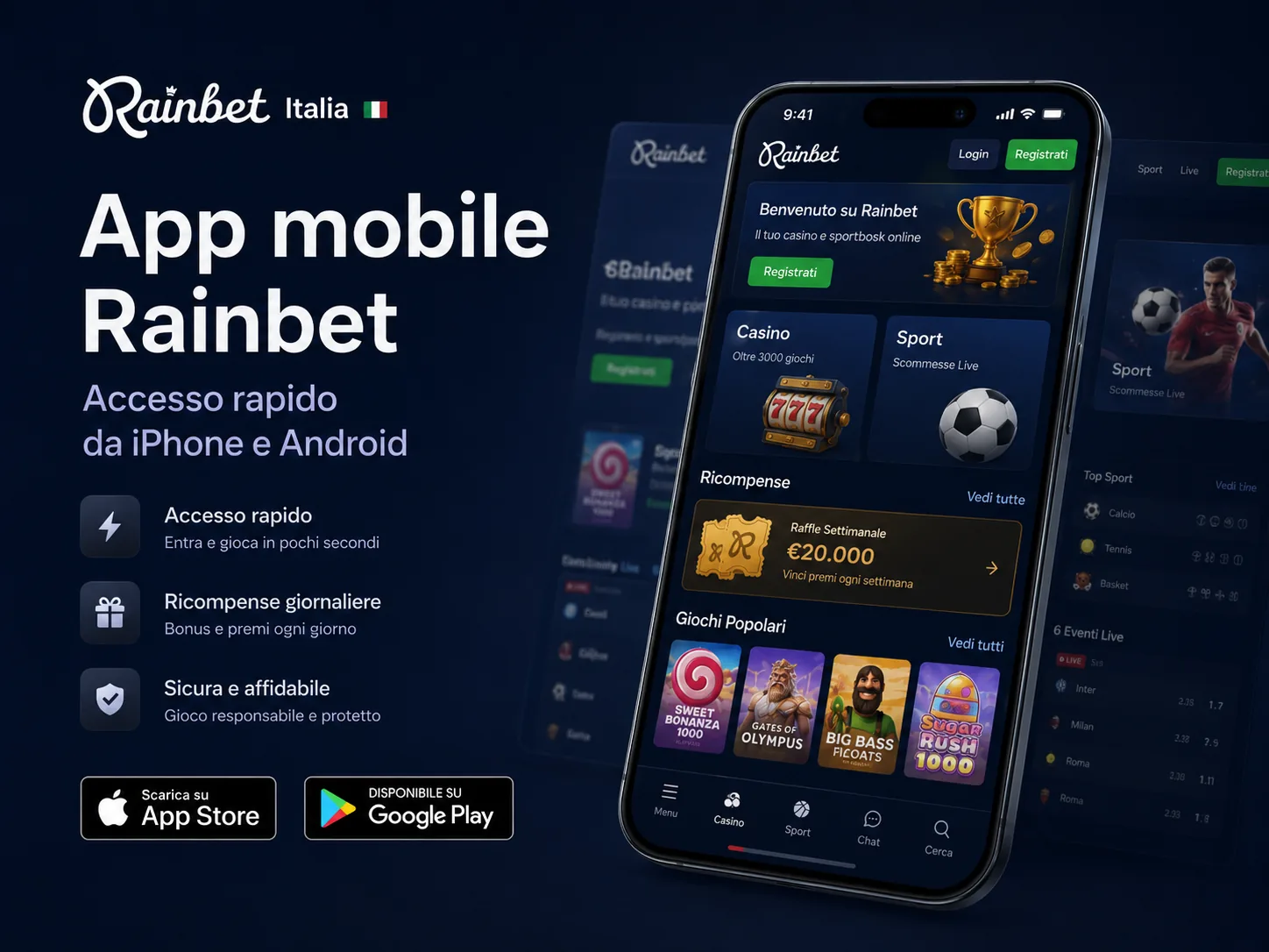 App mobile Rainbet Italia con casino, sport e pagamenti