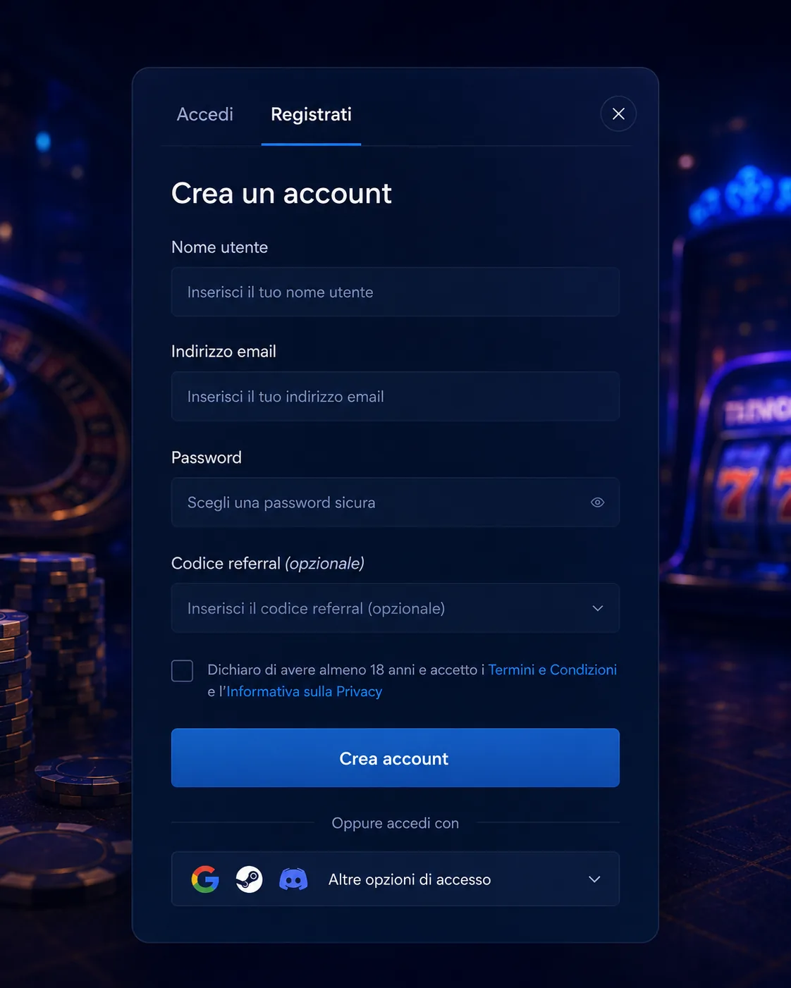 Form di registrazione Rainbet Italia con dati account