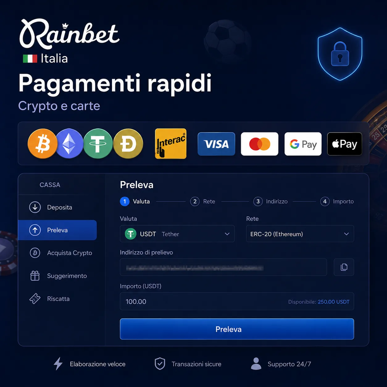 Cassa Rainbet Italia con pagamenti crypto e carte